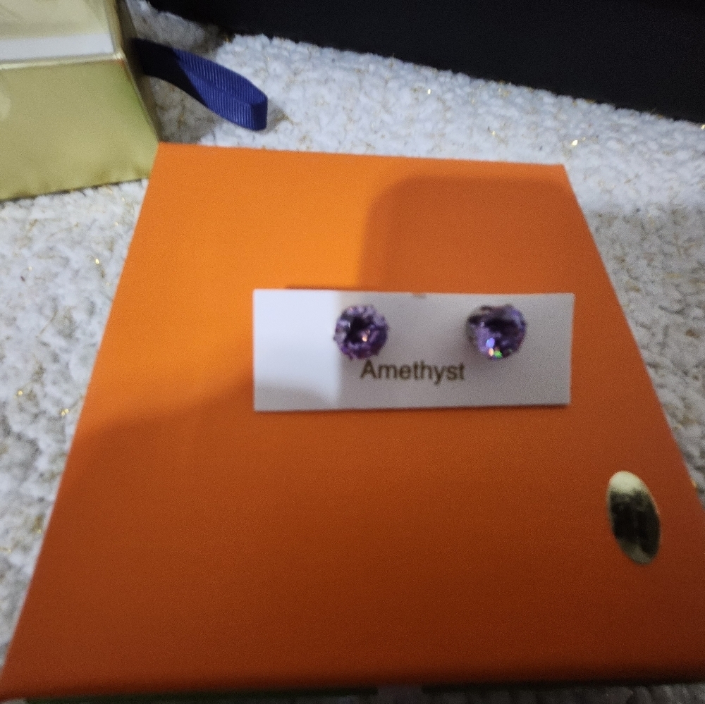 Stainless steel amethyst cubic zirconia earrings silver  February  birth…